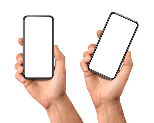 man handholding de zwarte smartphone set met leeg scherm - menselijke hand stockfoto's en -beelden