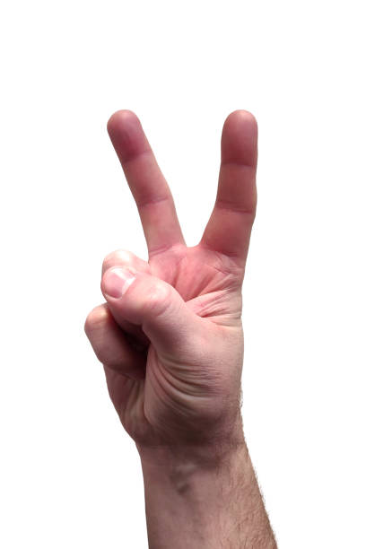 Man hand showing peace sign isolated on white background stock photo