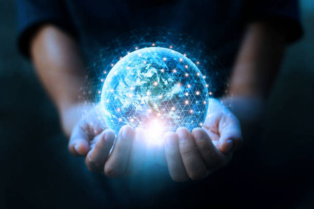 man hands holding blue earth and global networking connection and data exchanges, global communication network concept, elements of this image furnished by nasa. - apresentação digital imagens e fotografias de stock