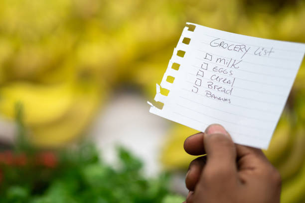 Man Hands Holding Shopping List in a Supermarket to do list shopping list stock pictures, royalty-free photos & images