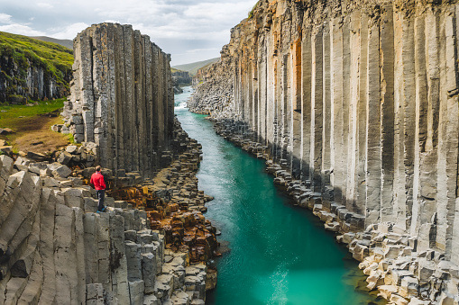 Man hiker in red jacket visit Studlagil basalt canyon, with rare volcanic basalt column formations, Iceland.