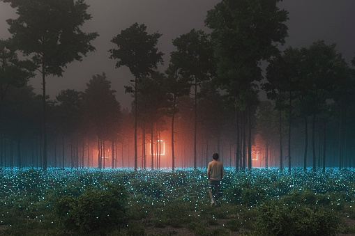 Man in forest walking towards mysterious object, 3D generated image.