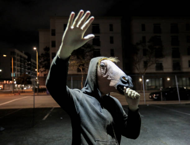 Man in horse mask rapping at night Funny photo of man in horse mask pretending to rap under a spotlight at night. horse mask photos stock pictures, royalty-free photos & images