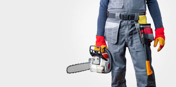 Man in uniform holding a chainsaw on a grey background with copy space. Banner.  Concept building, contractor, repair, lumberjack. stock photo