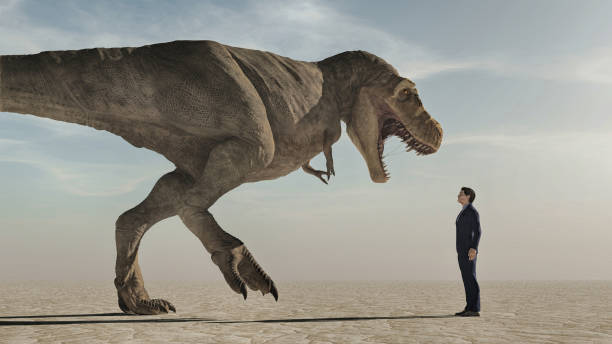 Man looking up to an aggressive dinosaur , Tyrannosaurus Rex. The concept of courage. This is a 3d render stock photo