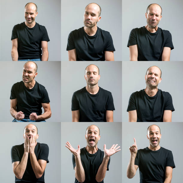 man making faces portrait in studio, man making various facial expressions emotional series stock pictures, royalty-free photos & images