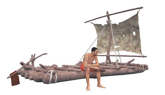 Computer generated 3D illustration with a man on a raft isolated on white background