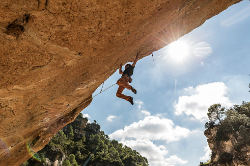 Man practicing rock climbing in Siurana Tarragona Catalonia