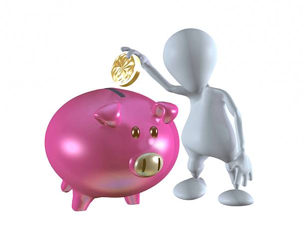 3D man saving money putting a coin into a piggy bank stock photo