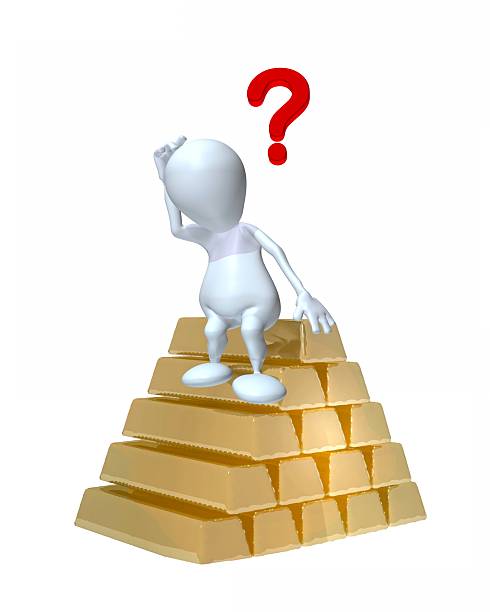 3D man sitting on pile of gold with question mark stock photo