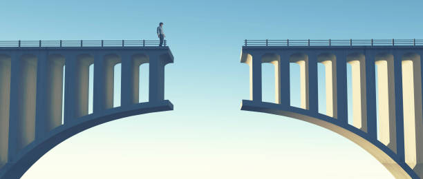 Man standing on a broken bridge . This is a 3d render illustration. stock photo