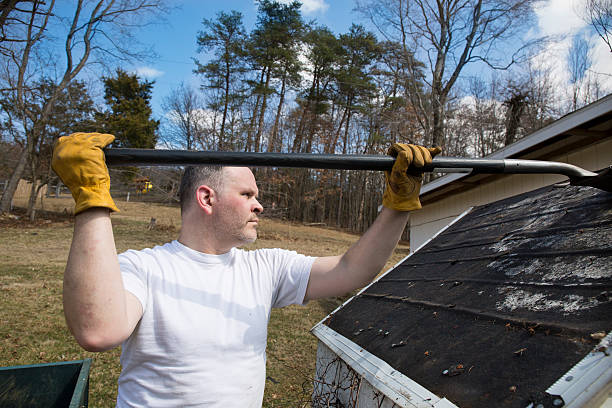Man taking shingles off a shed roof stock photo