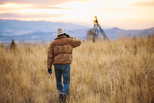 Man talks on phone while walking toward scenic mountain horizon stock photo