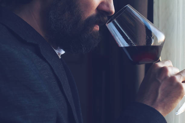 homem de degustação de um copo de vinho tinto - sniffing glass imagens e fotografias de stock