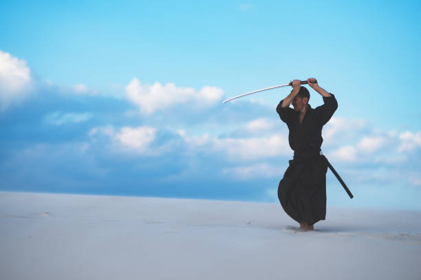 Man training martial arts in desert stock photo