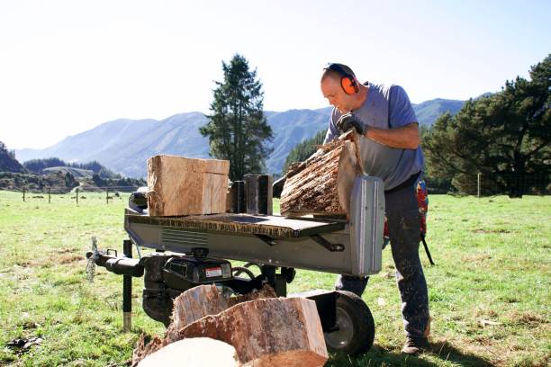 Man Using Wood Splitter in Rural Scene stock photo