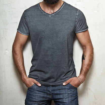 Man Wearing Blank Grey Tshirt Stock Photo - Download Image Now - iStock