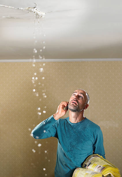 Man with a leaking ceiling using phone  white pages directory stock pictures, royalty-free photos & images