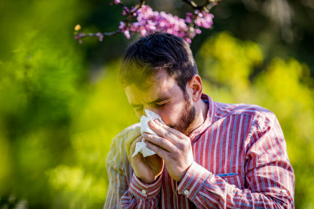 Man with allergy or an infection sneezing sick or allergic man sneezing with tissue sinusitis stock pictures, royalty-free photos & images