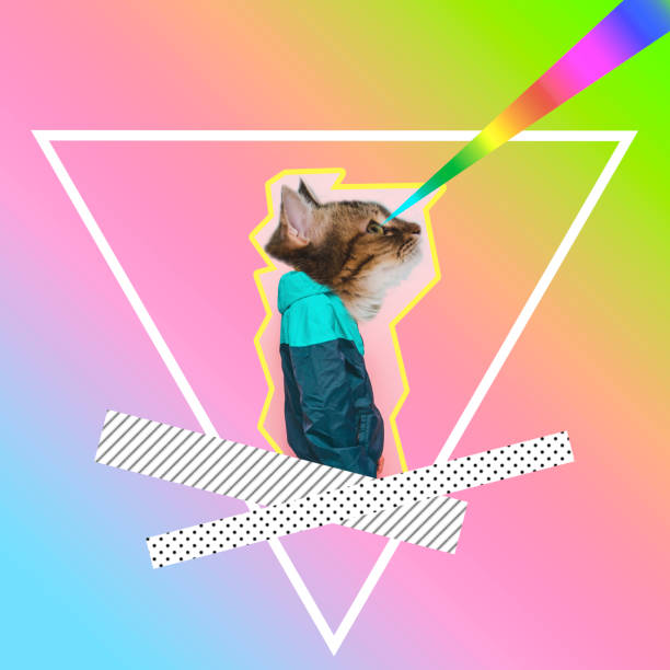 man with cat head shooting by rainbow lasers stock photo