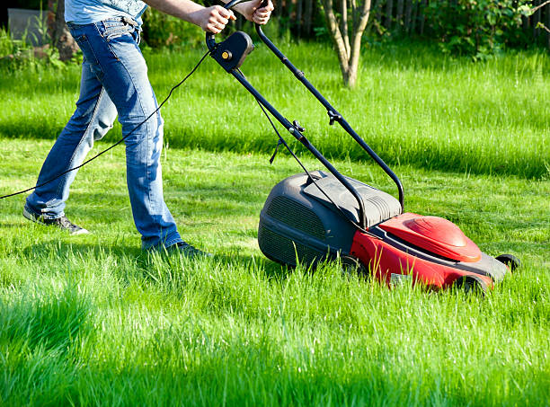 Man with lawnmower stock photo