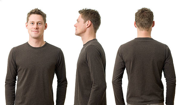 Man with Three Poses "Man with three poses in t-shirt. Front view, profile, and back. Waist up. More of this model:" rear view stock pictures, royalty-free photos & images