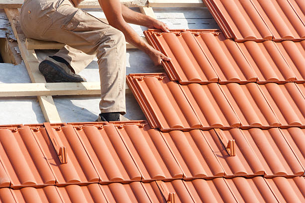 Man working on the roof stock photo