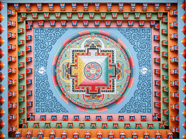 A mandala with beautiful shapes and colors The villagers of Upper Pisang, Annapurna, Nepal, decided to build a new monastery rather than renovate their old one. This Tibetan mandala has been painted on the new monastery ceiling. tibetan culture stock pictures, royalty-free photos & images