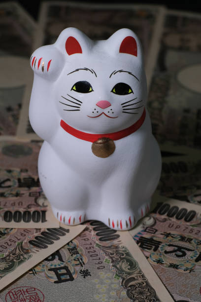 Maneki Neko, the Japanese Fortune Cat together with JPY(Japanese Yen) 10,000 banknotes The Japanese Fortune Cat or the Lucky Cat, is often believed to bring good luck and fortune to the owner. The figurine is ususally made of ceramic or plastic depicts a cat beckoning with an upright paw and is displayed ofthen at the entrance of shops, restaurants or other businesses. BANK OF JAPAN stock pictures, royalty-free photos & images