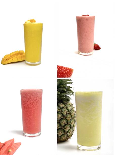 Mango, watermelon, strawberry, pineapple Smoothies yogurt sliced ​​on top bottom and white background Mango, watermelon, strawberry, pineapple Smoothies yogurt sliced ​​on top bottom and white background watermelon juice stock pictures, royalty-free photos & images