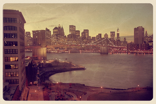 Retro-styled postcard of southern Manhattan an night.