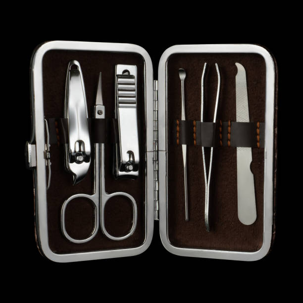Manicure set, for nails, in a case on a black background isolated stock photo