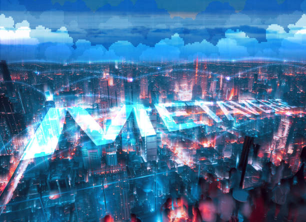 Manipulated city with digital network line for connect metaverse era. stock photo