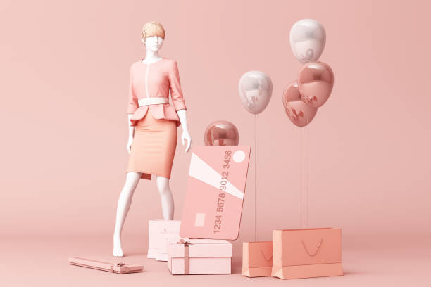 Mannequin surrounded by shopping bag and the gift box with credit card on the pink backdrop.-3d rendering Mannequin surrounded by shopping bag and the gift box with credit card on the pink backdrop.-3d rendering high fashion model stock pictures, royalty-free photos & images