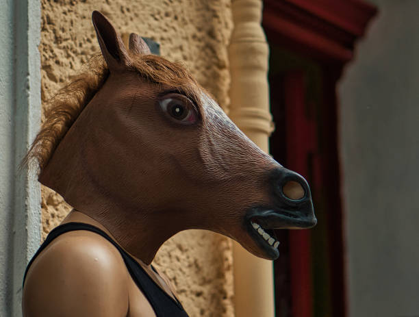 mannequin with a horse mask. mannequin with a horse mask. Abstract eye-catcher in a Berlin street in front of a shopping store horse mask photos stock pictures, royalty-free photos & images