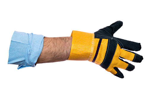 Man's hand in construction glove. Handshake of worker. Isolated object on white background. Concept. Agreement and affiliate transaction.