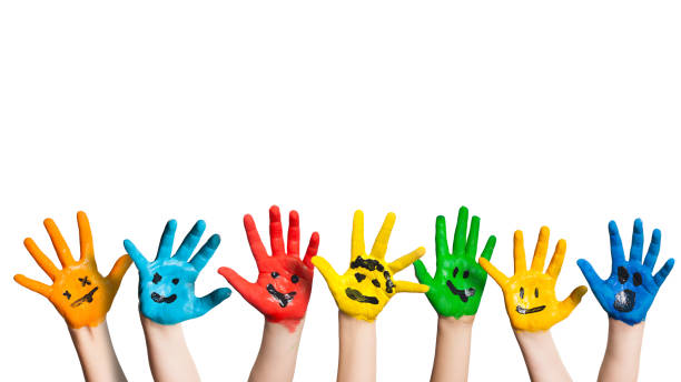 many colorful hands with smileys many colorful hands with smileys in front of white background art and craft stock pictures, royalty-free photos & images