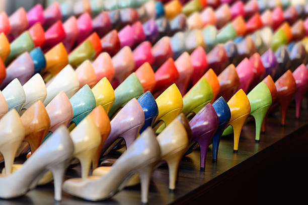 Many different colored heels on display stock photo