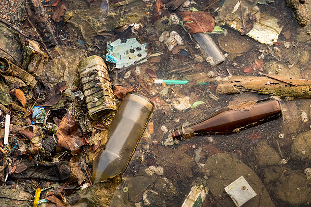 Many trashes in sea stock photo
