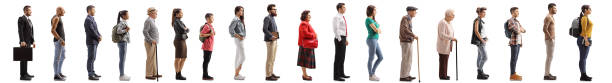 Many young and older people waiting in line Full length profile shot of many young and older people waiting in line isolated on white background waiting photos stock pictures, royalty-free photos & images