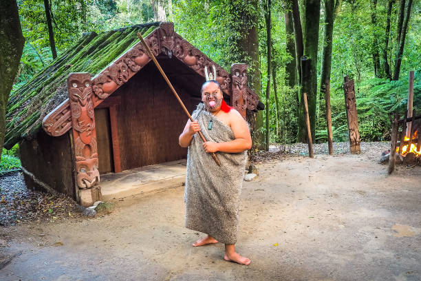 A Maori warrior at the village. stock photo