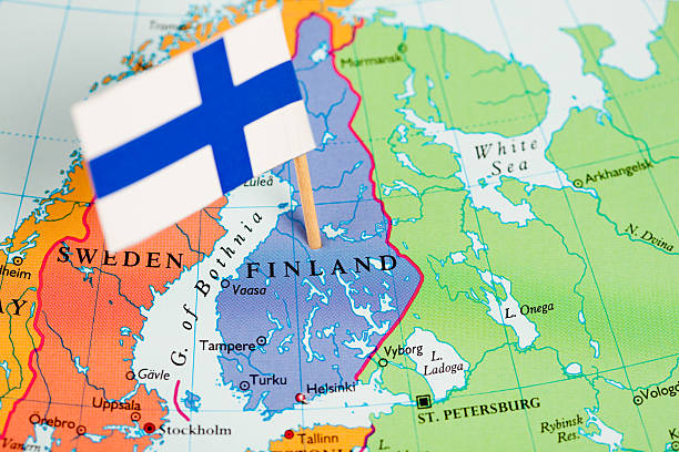 map and flag of finland - finland stok fotoğraflar ve resimler