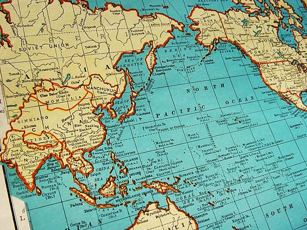 Map of Asia 1942 1942 Map of Asia and area from Collier's Gazette pacific ocean photos stock pictures, royalty-free photos & images