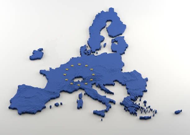 3d-kaart van de europese unie post-brexit (zonder uk) met de eu blauwe vlag textuur en gouden sterren - europese unie stockfoto's en -beelden