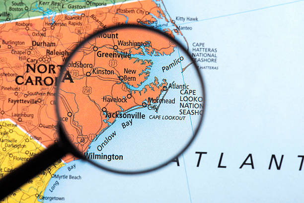 Map of Jacksonville Map of Jacksonville. Detail from the World Atlas. Selective Focus. north carolina us state photos stock pictures, royalty-free photos & images