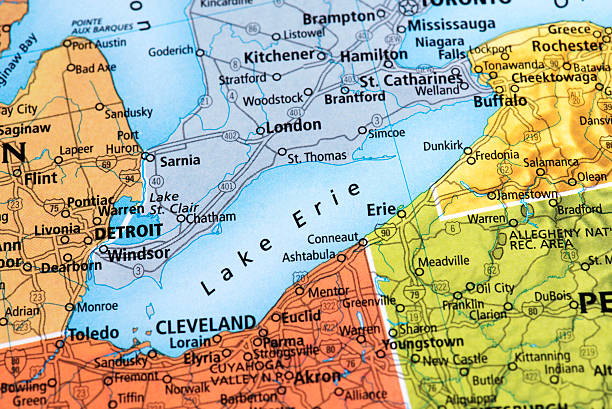 Map of Lake Erie in North USA Map of Lake Erie in North USA. Detail from the World Map. michigan iowa stock pictures, royalty-free photos & images
