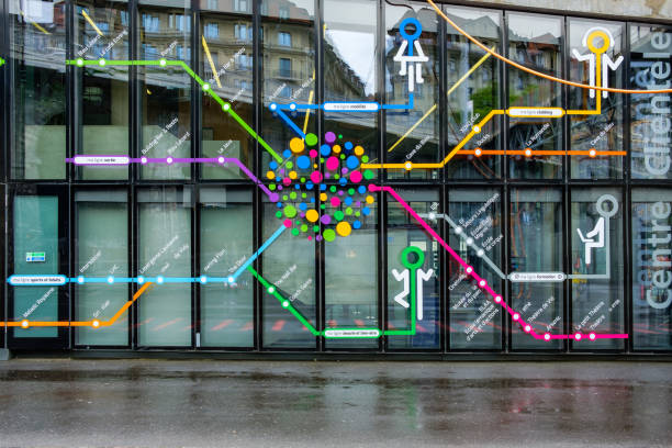 Map of metro lines on the window of the entrance of a metro station in Lausanne, Switzerland. stock photo