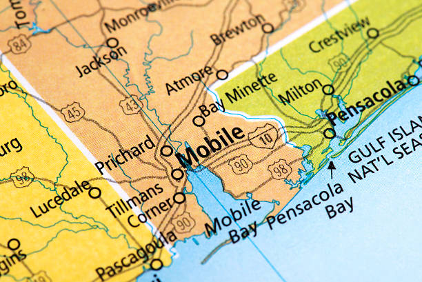 Map of Mobile City in Alabama State, USA Map of Mobile City in Alabama State, USA. Detail from the World Map. florida us state photos stock pictures, royalty-free photos & images
