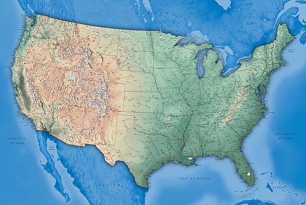 USA Map Physical USA Map with State boundaries and City Names map photos stock pictures, royalty-free photos & images