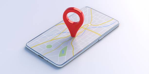 Map pointer location red color pin on a smartphone isolated on white background. 3d illustration stock photo